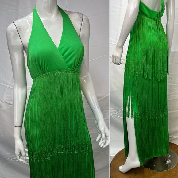 ❌SOLD❌Vintage 70s Green Tassel Fringe Tiered Long Maxi Flapper Gown Dress - Picture 2 of 9
